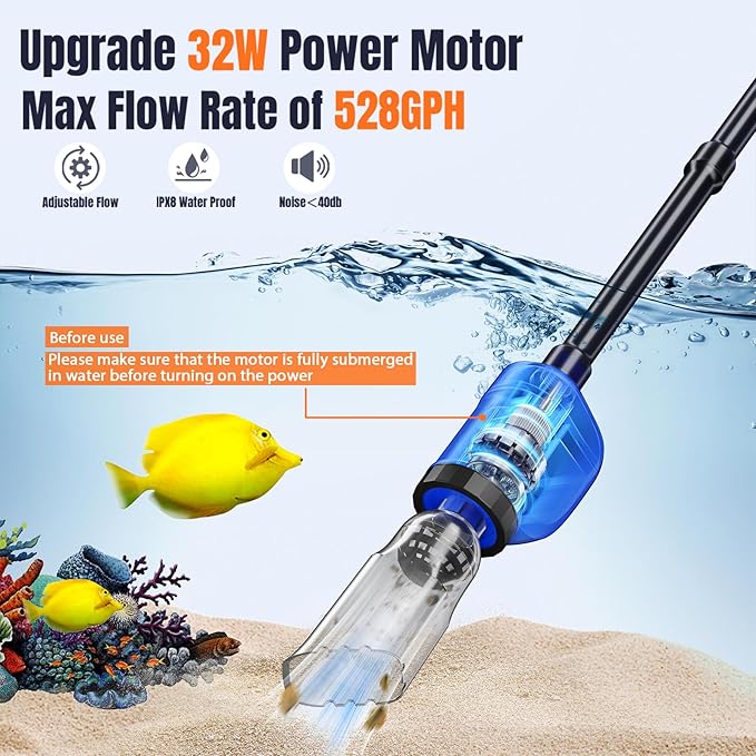 Aquarium Vacuum Gravel Cleaner, 32W 6 in 1 Electric Fish Tank Vacuum Gravel Cleaner,Fish Tank Cleaner for Aquarium Water Changer Sand Gravel Cleaner Remove Dirt Water Shower Water Circulation PAWPICO