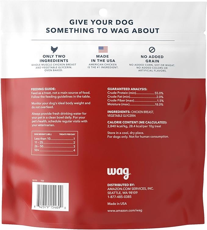 Amazon Brand – Wag Chewy Whole Muscle American Jerky Made in USA Dog Treats – Chicken (1 lb), Grain Free (Pack of 2) - PAWPICO