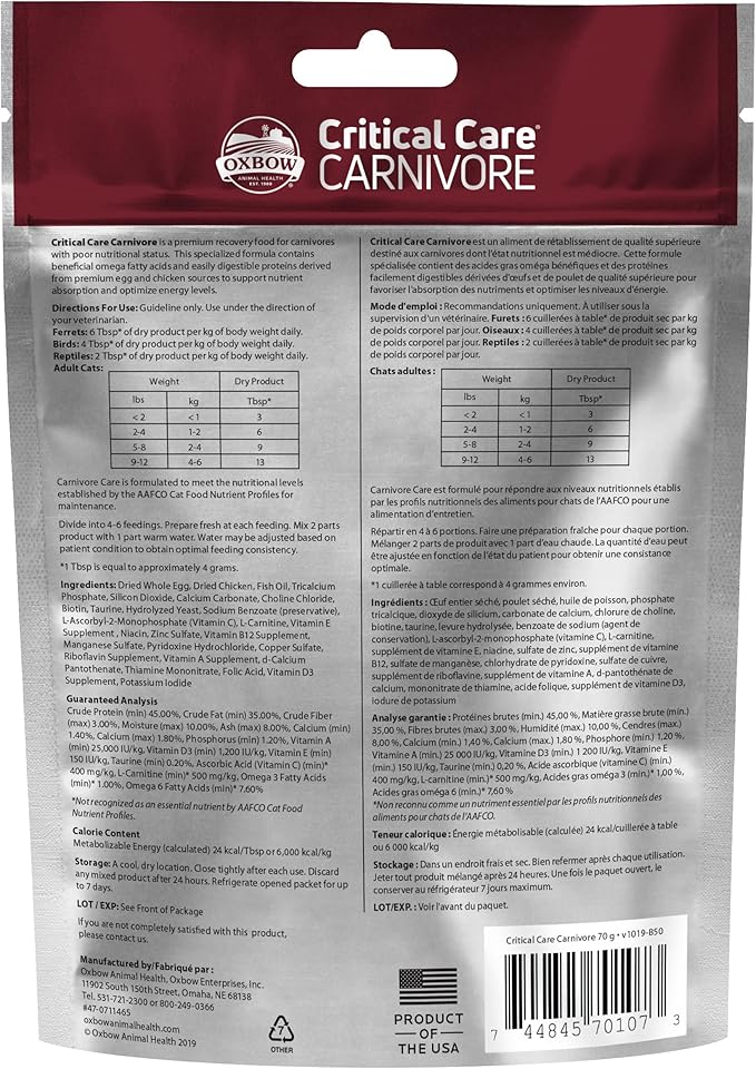 Oxbow Critical Care Carnivore - Nutritionally Complete Feeding Assist Formula for Small Animals & Pets (70g) OxbowAnimalHealth