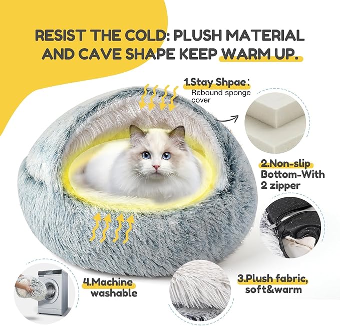CATISM Cat Bed, Plush Hooded Cat Beds for Indoor Cats, Calming Cat Nest, Self Warming Cat Bed Cave, Cozy Cat Pod for Indoor Cat or Small Dog, Removable Washable Cat Cove with Non-Slip Bottom - PAWPICO