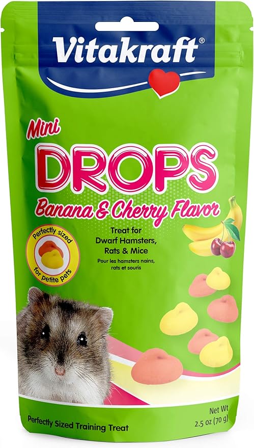Vitakraft Drops Mini Banana & Cherry Flavor Dwarf Hamster, Rat, and Mouse Treat, 2.5 oz, Multi Vitakraft