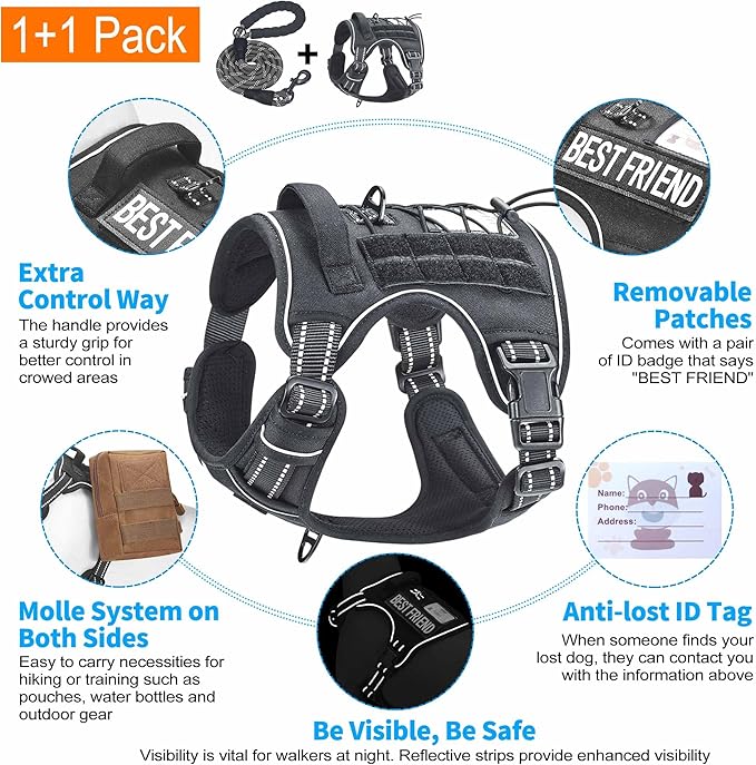 Heavy Duty Tactical Dog Harness for Large Dogs, No Pull Adjustable Pet Harness Reflective Service Training Easy Control Pet Vest Military K9 Working Dog Harnesses-X- Large, Black Beebielove
