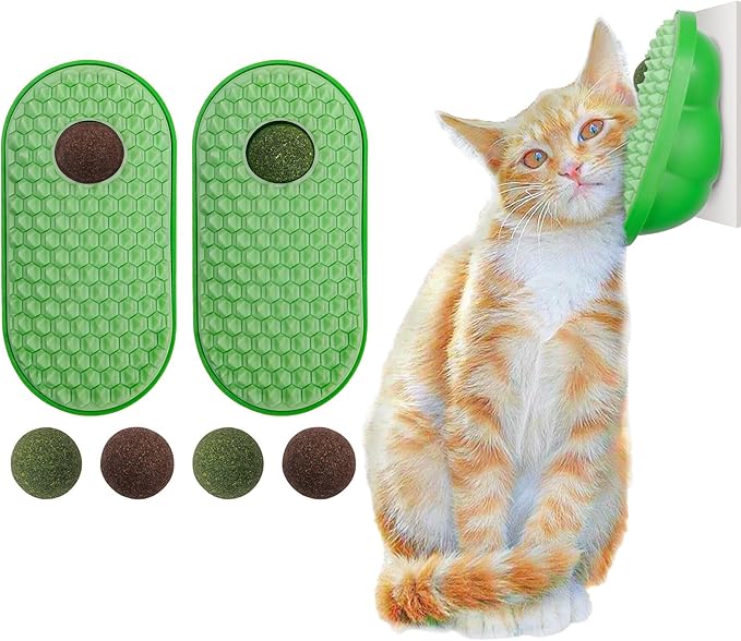 SEVENKA 2 Pack Cat Toys Self-Grooming Cat Brush with 3 Catnip Balls & 3 Gall Fruit, Kitty Kitten Scratcher Self Groomer Catnip Toys for Indoor Cats, Chew Toys Wall Corner Brushes Edible Wall Treats - PAWPICO