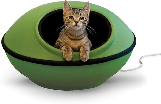 K&H Pet Products Thermo-Kitty Mod Dream Pod Heated Cat Bed for Large Cats, Indoor Heated Cat Cave, Thermal Cat Mat Hideaway for Small or Large Cats and Kittens 22 Inches Green/Black - PAWPICO