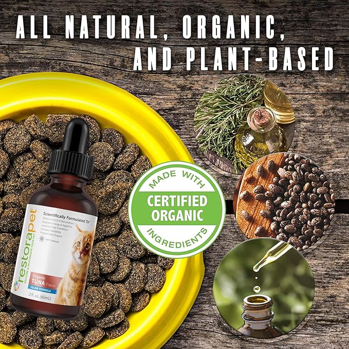RestoraPet Organic Cat Supplement | Healthy & Safe Antioxidant Liquid Drops | Anti-Inflammatory Multi-Vitamin | Increases Mobility & Energy | Cat Joint Supplement | Tuna Flavored RestoraPet