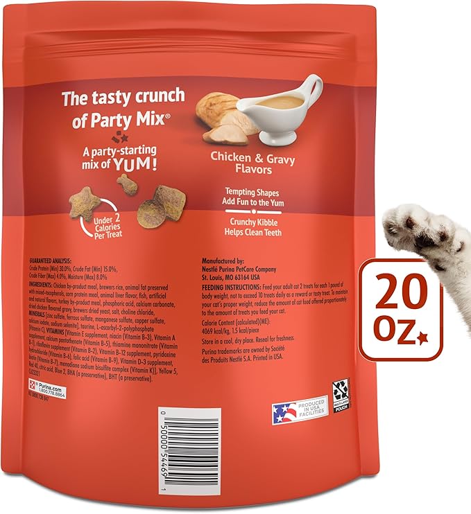 Purina Friskies Cat Treats, Party Mix Gravy-licious Crunch Chicken and Gravy Flavors - 20 oz. Pouch PurinaTreats
