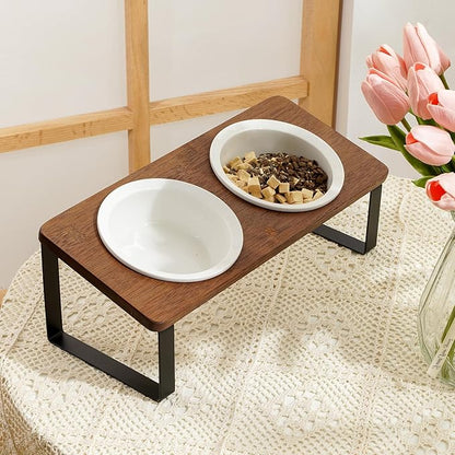 Sunhoo Ceramic Elevated Cat Bowls, Raised Puppy Dishes for Food and Water, Tilted Bamboo Stand for Anti Vomiting, Indoor 5.5 inch Wide Double Dish Orthopedic Anti-Vomiting (Brown) - PAWPICO