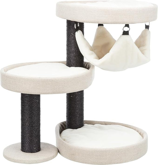 TRIXIE Vidor Cat Scratching Post 28.3 Inch - with Durable Sisal Rope (Gray) and Four Corner Hammock, Three Platforms with Raised Edges, Three Removable Cushions - in Cream/Gray - PAWPICO