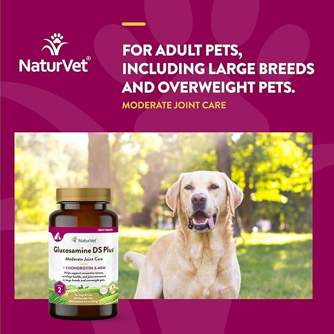 NaturVet Glucosamine DS Plus Level 2 Moderate Care Joint Support Supplement for Dogs and Cats, Chewable Tablets Time Release, Made in The USA, 60 Count NaturVet