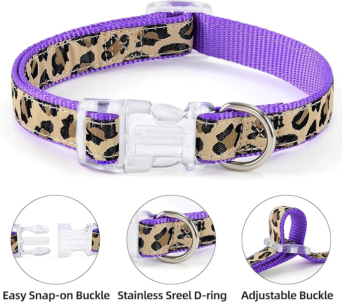 Mile High Life Leopard Dog Harness Collar Leash Set | Adjustable No Pull Dog Halter Harness for Small Breed Dogs | Easy Control for Training Walking | Purple, X-Small - PAWPICO