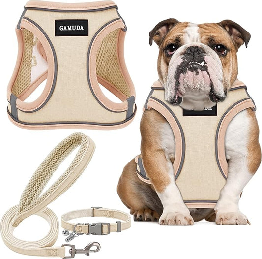 GAMUDA Small Pet Harness Collar and Leash Set, Step in No Chock No Pull Linen Fabric Soft Mesh Dog Vest Harnesses Reflective for Dogs Puppy Cats Kitten Rabbit (Khaki, L) GAMUDACollarsCollection
