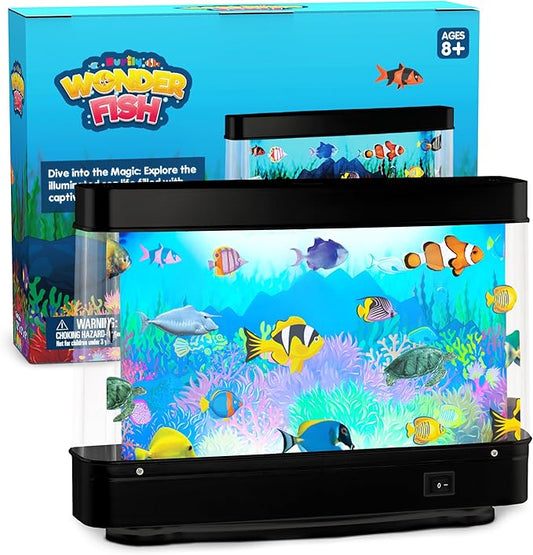 Artificial Fish Tank Virtual Ocean Toy - Mini Office Desk Aquarium, Colorful Aquarium, Motion Lamp Night Light with Moving Fish, Fun Gift for Kids and Adults Nurily