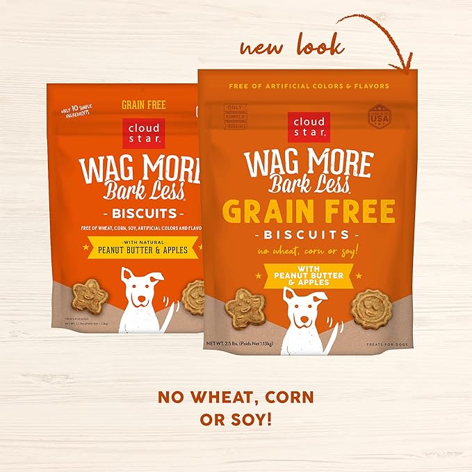 Cloud Star Wag More Bark Less - Dog Treats - Crunchy Biscuits - Grain Free Peanut Butter & Apples - 2.5 lb Pouch - PAWPICO