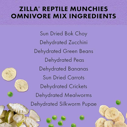 Zilla Reptile Munchies, Omnivore Mix, Dehydrated and Sun Dried Vegetables and Insects, Natural Ingredients, Resealable Bag 4 oz. Zilla