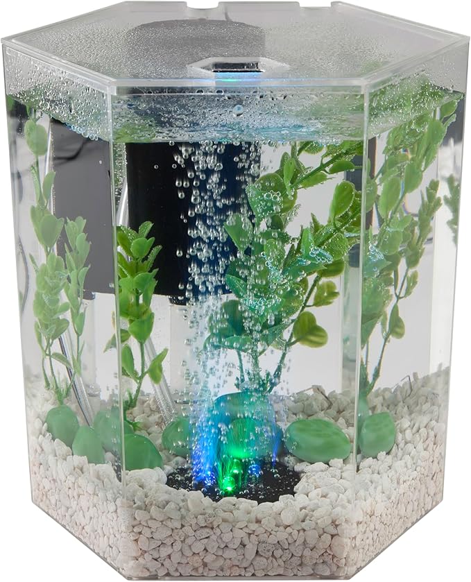 Tetra Bubbling LED Aquarium Kit 1 Gallon, Hexagon Shape, With Color-Changing Light Disc Tetra