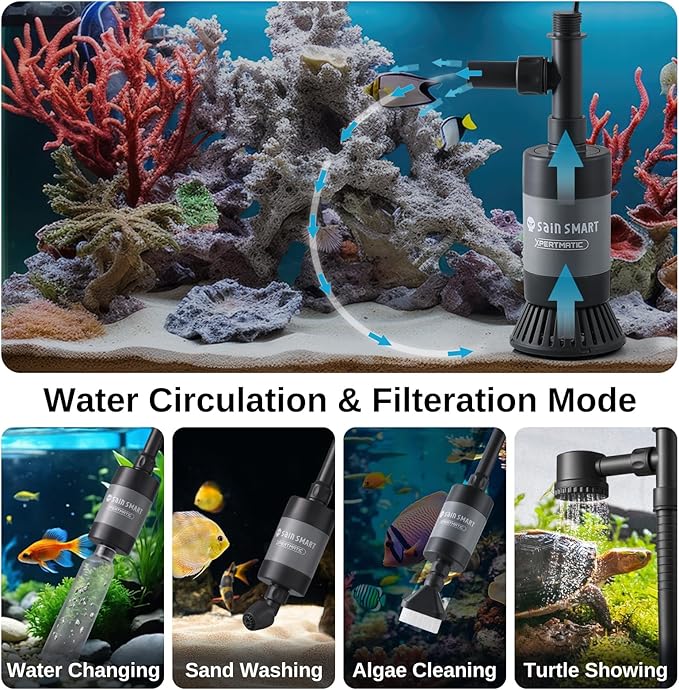 SainSmart XpertMatic Aquarium Gravel Cleaner, 528GPH/28W Powerful Fish Tank Cleaner, Adjustable Water Flow Aquarium Cleaner Kit, Electric Gravel Vacuum for Sand Washing and Water Changing SainSmart