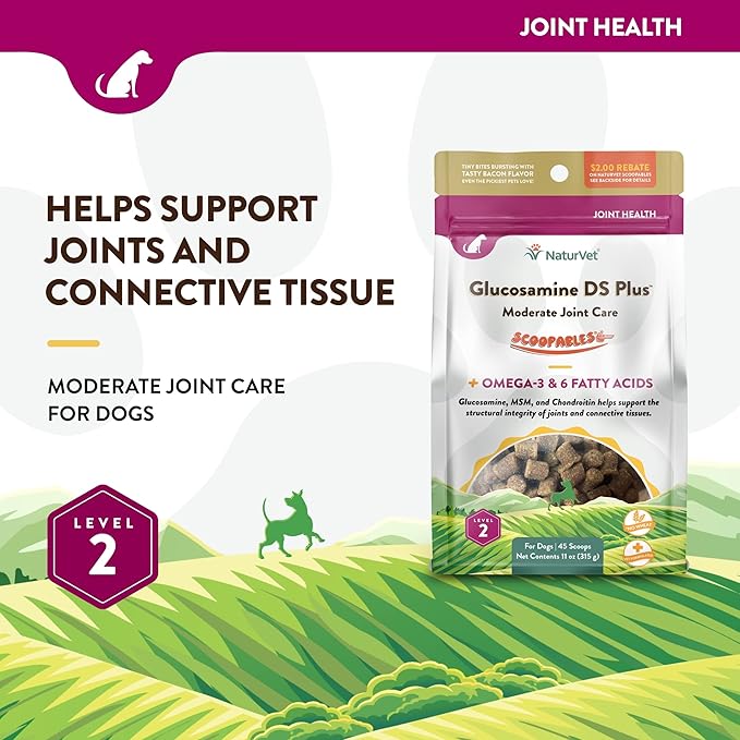 NaturVet Scoopables Dog Joint Supplement - Glucosamine DS Plus Level 2 Moderate Hip & Joint Care for Dogs w/Chondroitin & MSM - Hickory Smoked Bacon Flavored Pet Health Supplements | 11oz Bag NaturVet
