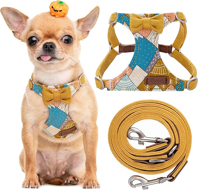 Puppytie No Pull xs Dog Harness with Multifunction Dog Leash,Soft Adjustable No Choke Escape Proof Pet Harness Vest,Suede Bow Yellow,XXS Puppytie