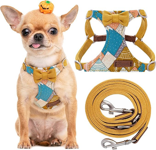 Puppytie No Pull xs Dog Harness with Multifunction Dog Leash,Soft Adjustable No Choke Escape Proof Pet Harness Vest,Suede Bow Yellow,XXS Puppytie