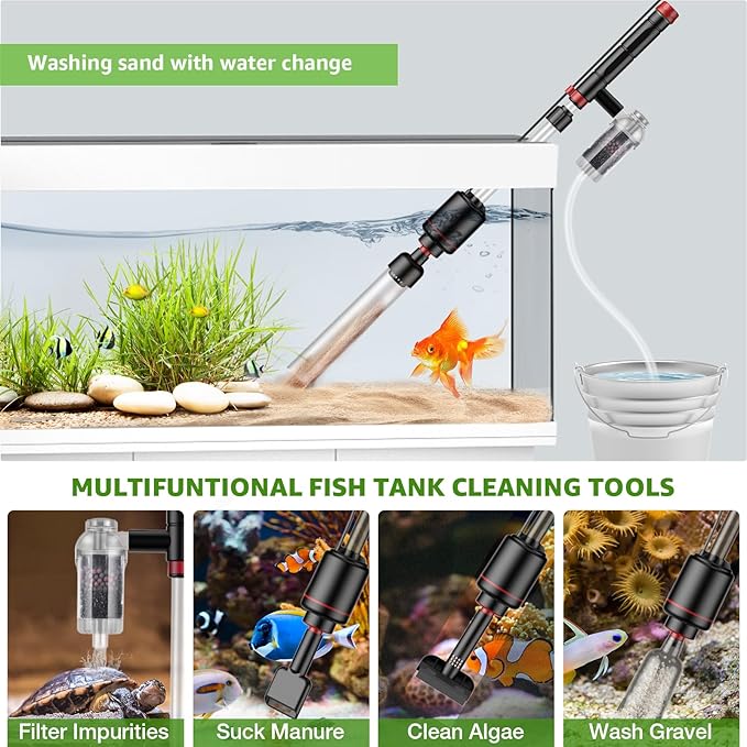 24W Aquarium Vacuum Gravel Cleaner: Electric Fish Tank Cleaner Vacuum with Strong Suction for Automatic Water Change, Algae Cleaner Sand Wash Water Shower and Water Circulation, Timed Off Suness