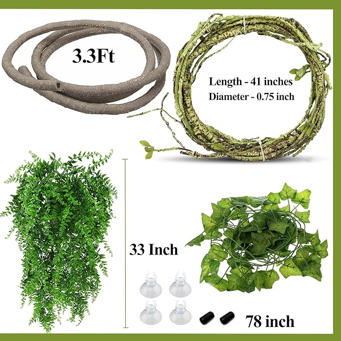 HERCOCCI Reptile Vines, Flexible Jungle Climbing Vines Terrarium Plastic Plants and Leaves Tank Accessories Decor for Gecko Snake Lizard Bearded Dragon Hermit Crab Frog HERCOCCI