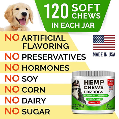 Hemp Chews for Dogs - Glucosamine Chondroitin for Dogs Joint Pain Relief with Hemp Oil, Hip & Joint Supplement Dogs, MSM Turmeric for Dogs Mobility, Dog Joint Supplement, Hemp Dog Treats Joints Health STRELLALAB