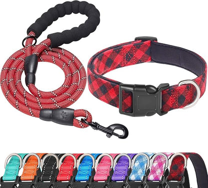 Reflective Dog Collar Padded with Soft Neoprene Breathable Adjustable Nylon Dog Collars for Small Medium Large Dogs (Small (Pack of 1), Red Plaid Collar+Leash) ladoogo