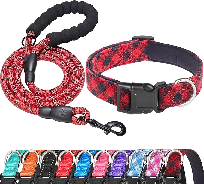 Reflective Dog Collar Padded with Soft Neoprene Breathable Adjustable Nylon Dog Collars for Small Medium Large Dogs (X-Small (Pack of 1), Red Plaid Collar+Leash) ladoogo