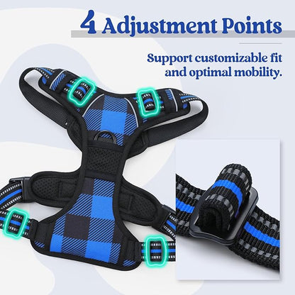 rabbitgoo Dog Harness No Pull with 2 Leash Clips, Adjustable Soft Padded, Reflective Oxford No Choke Pet Vest with Easy Control Handle for Large Dogs, Blue Plaid, L rabbitgoo