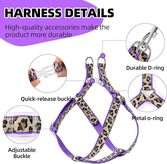 Mile High Life Leopard Dog Harness Collar Leash Set | Adjustable No Pull Dog Halter Harness for Small Breed Dogs | Easy Control for Training Walking | Purple, X-Small - PAWPICO