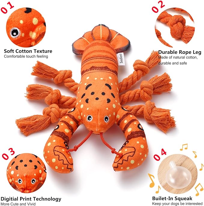 Sedioso Dog Toys, Dog Plush Toy for Large Breed, Cute Squeaky Dog Toys with Crinkle Paper, Dog Chew Toys for Puppy, Small, Middle, Big Dogs (Lobster) - PAWPICO
