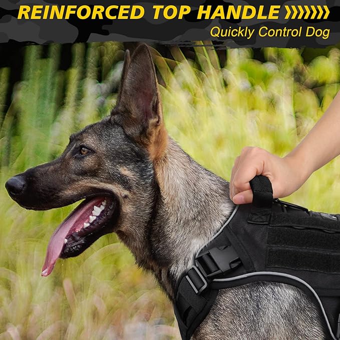 WINGOIN Black Tactical Dog Harness for Large Dogs No Pull Adjustable Reflective Military Pet Harness with Easy Control Handle with Hook & Loop Panels for Walking Hiking Training(XL) - PAWPICO