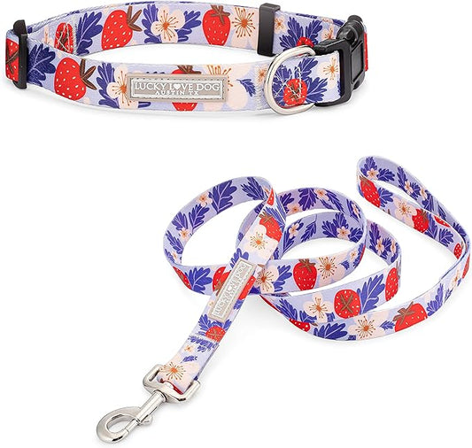 Lucky Love Dog Collar Combo Set, Strawberry Cute Girl Dog Collar and Leash Set, Dog Collar and Leash Set for Medium Dogs, Part of Purchase Donated to Rescue (Medium, Sweet Berry, Combo) LuckyLoveDog