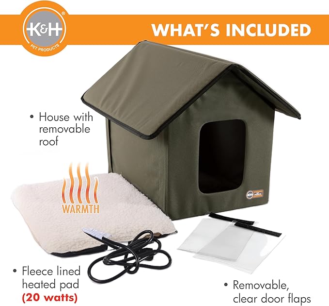 K&H Pet Products Outdoor Heated Kitty House, Outdoor Cat House for Outside Community Cats, Strays, and Ferals, Insulated Shelter, Warming Cold Weather House with Heated Pad for Winter, Olive/Olive - PAWPICO
