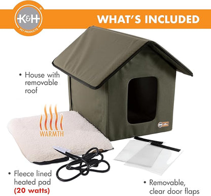 K&H Pet Products Outdoor Heated Kitty House, Outdoor Cat House for Outside Community Cats, Strays, and Ferals, Insulated Shelter, Warming Cold Weather House with Heated Pad for Winter, Olive/Olive - PAWPICO