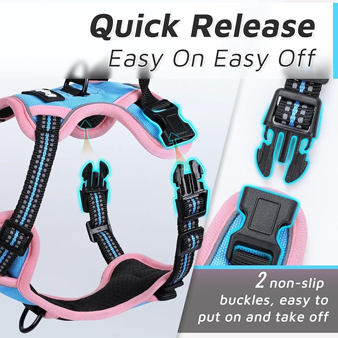 Eagloo Dog Harness for Large Dogs, No Pull Service Vest with Reflective Strips and Control Handle, Adjustable and Comfortable for Easy Walking, No Choke Harness with 2 Metal Rings, Pink & Blue, XS GoExplorewithEagloo