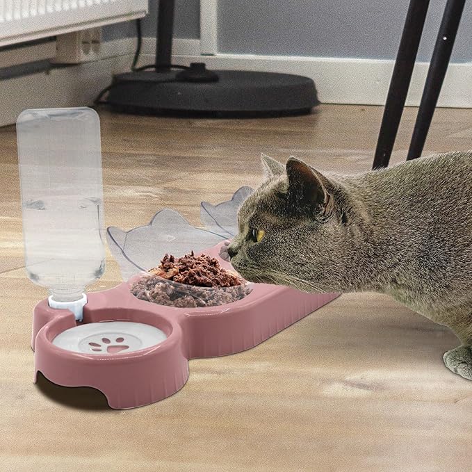 Triple Cat Bowls,15°Tilt 3-in-1 Water Feeder Bowls Cat Double Food Bowls with Automatic Water Bottle Bowl, Whisker Friendly Wet and Dry Cat Elevated Feeding Dishes for Small Cat and Puppy (Pink) - PAWPICO