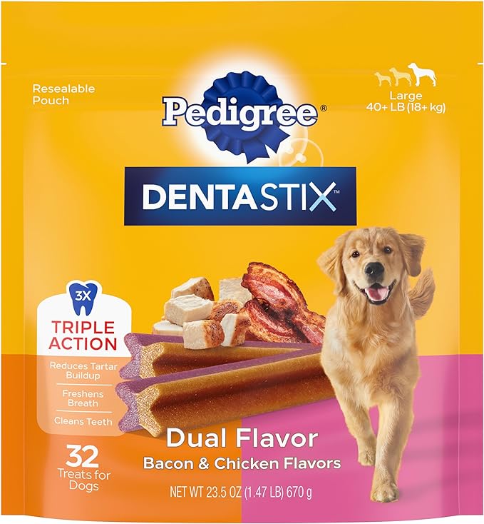 PEDIGREE DENTASTIX Dual Flavor Large Dog Dental Treats, Bacon & Chicken Flavors Dental Bones, 1.47 lb. Pack (32 Treats) - PAWPICO