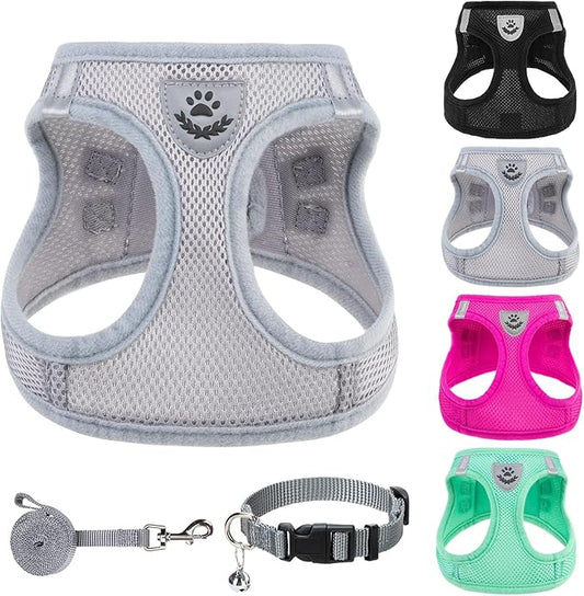 PUPTECK Adjustable Dog Harness Collar and Leash Set Step in No Pull Pet Harness for Small Medium Dogs Puppy and Cats Outdoor Walking Running, Soft Mesh Padded Reflective Vest Harnesses, Solid Grey L PUPTECK