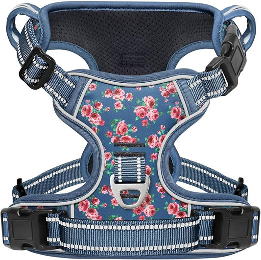 Timos Dog Harness for Large Dog, No Pull Service Vest with Reflective Strips and Control Handle,No Choke Dog Harness with 2 Metal Rings for Easy Walking,Outdoor Training,Flower Blue, L Timos