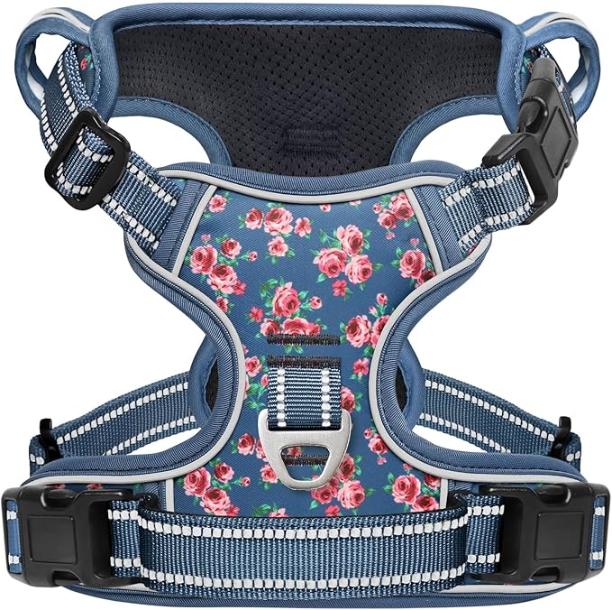 Timos Dog Harness, No Pull Dog Harness 3 Snap Buckles Adjustable Reflective No Choke Pet Vest for Small Dog with Soft Padded Control Training Handle for Outdoor Training,Flower Blue, XS Timos