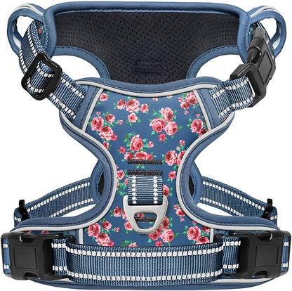 Timos Dog Harness, No Pull Dog Harness 3 Snap Buckles Adjustable Reflective No Choke Pet Vest for Small Dog with Soft Padded Control Training Handle for Outdoor Training,Flower Blue, XS Timos