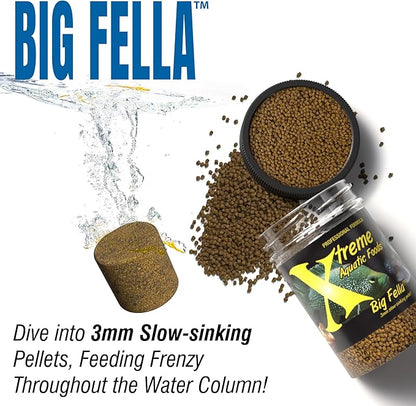 Xtreme Big Fella 3.0mm Pellets: Professional Nutrition for Medium to Large Cichlid/Community Fish - Boost Immune & Digestive Health, Color & Energy, Max Protein Fish Food – USA Farm Grown (9oz) XtremeAquaticFoods