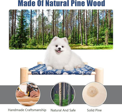 Cat/Dog Bed,Wooden Pet Hammock Bed,Elevated Breathable Dog Bed, Detachable Portable Indoor/Outdoor Cat Beds&Furniture,Suitable for Kitty,Puppy,Bunny and Small Animal(Blue Cats) - PAWPICO
