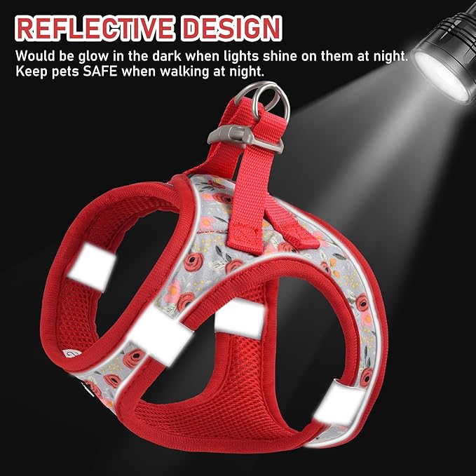 GAMUDA Small Dog Harness Collar and Leash Set, Step in No Chock No Pull Soft Mesh Adjustable Dog Vest Harnesses Plaid Reflective for Dogs Puppy Cats Kitten Rabbit (Red Flower, L) GAMUDACollarsCollection