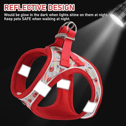 GAMUDA Small Dog Harness Collar and Leash Set, Step in No Chock No Pull Soft Mesh Adjustable Dog Vest Harnesses Plaid Reflective for Dogs Puppy Cats Kitten Rabbit (Red Flower, L) GAMUDACollarsCollection