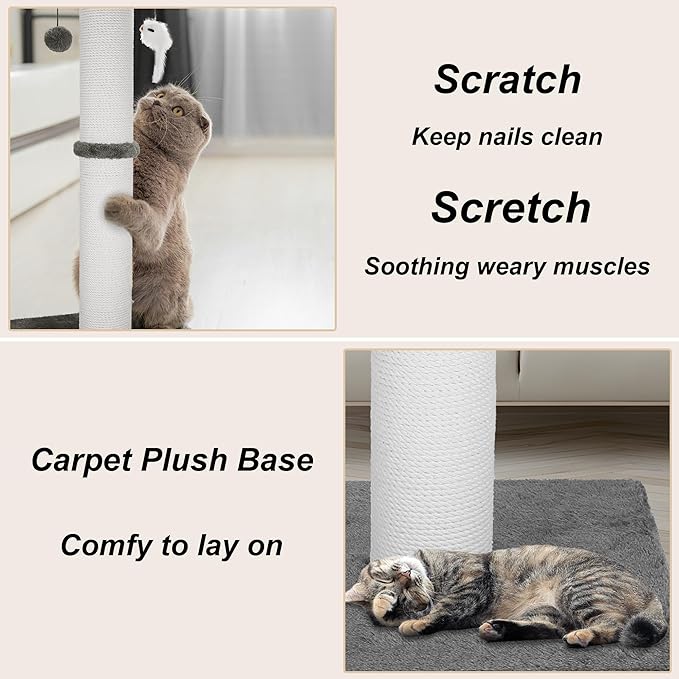 Cat Scratching Post 34 Inches Heavy Duty and Thicker Cat Scratching Post Sisal Rope with Hanging Ball and Mice Scratching Post for Indoor Cats and Adult(Grey) - PAWPICO
