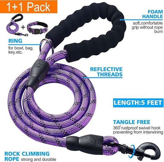 Reflective Dog Collar Padded with Soft Neoprene Breathable Adjustable Nylon Dog Collars for Small Medium Large Dogs (Small (Pack of 1), Purple/Pink Floral Collar+Leash) ladoogo