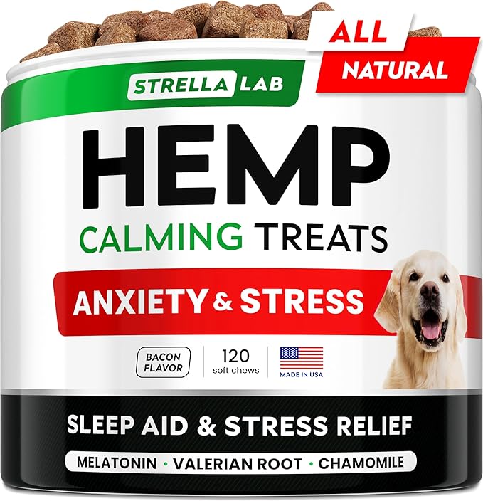 STRELLALAB Vet Formulated Hemp Calming Chews for Dogs - Anxiety Relief Calming Treats - Advanced Melatonin Pet Calm - Natural Sleep Aid & Stress, Separation Anxiety Relief - 120 Treats - Bacon STRELLALAB