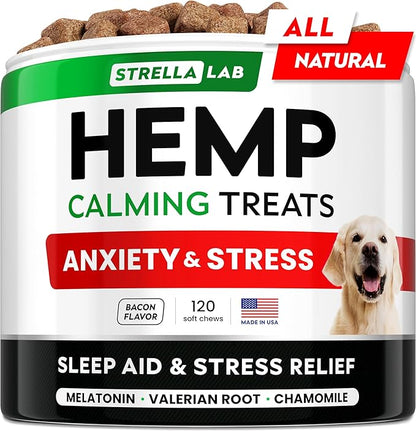 STRELLALAB Vet Formulated Hemp Calming Chews for Dogs - Anxiety Relief Calming Treats - Advanced Melatonin Pet Calm - Natural Sleep Aid & Stress, Separation Anxiety Relief - 120 Treats - Bacon STRELLALAB